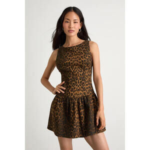 Lulus Kodi Brown Leopard Print Denim Drop Waist Mini Dress - Size M
